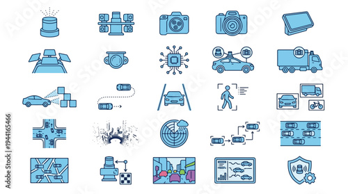 Autonomous Driving Technology Icon Set Self-Driving Car Sensor System LiDAR Radar Camera Navigation AI Automotive Intelligence Smart City Traffic Management ADAS Vehicle Tracking Telemetry Interface