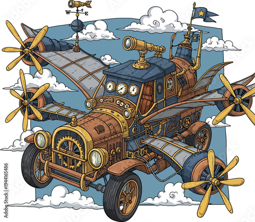 Steampunk Flying Automobile with Propellers and Wings.