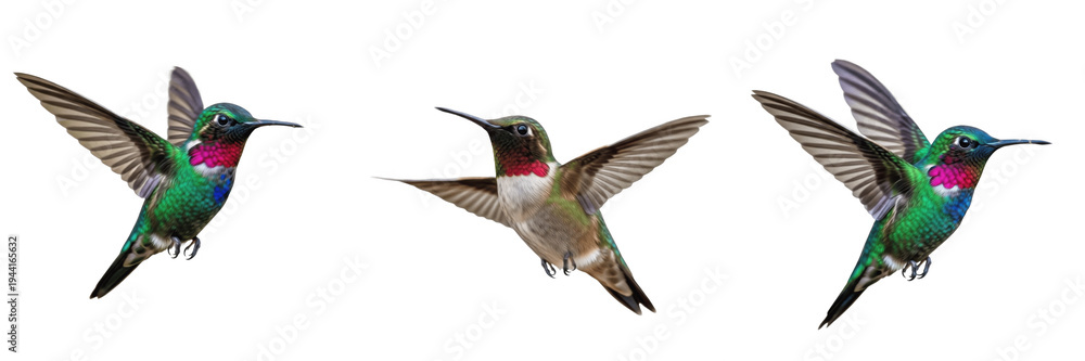 Fototapeta premium Collection of colorful hummingbirds in flight isolated on white background