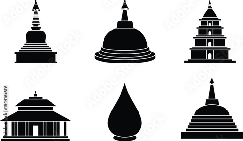 Black Silhouette Vector Set of Traditional Sri Lankan Buddhist Stupas and Ancient Dagaba Architectural Icons Isolated on White Background for Religious Design Concepts
