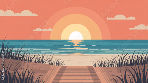 Serene beach scene with wooden boardwalk leading to sunset over calm ocean waters surrounded by sandy dunes and grassy shoreline