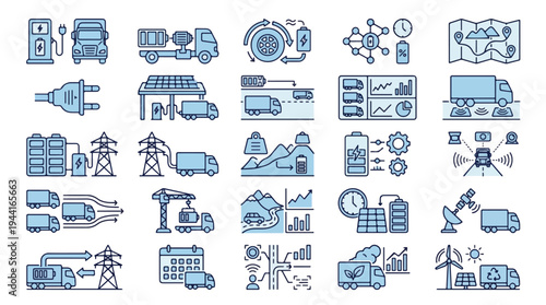 Electric Truck Logistics and Green Energy Icon Set: Sustainable Transportation, EV Freight, Renewable Power Grid, Solar Charging Station, Battery Storage, Fleet Management, Smart Technology Icons