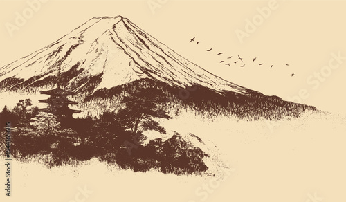 Mount Fuji, Japan illustration in a vintage style. This vector illustration can be used in any size you like for advertising, logos, and other work.
