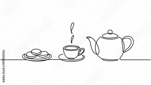 Tea time setup with steaming cup teapot and plate of cookies on a table