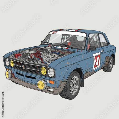 Vintage Rally Car with Open Hood and Racing Details.