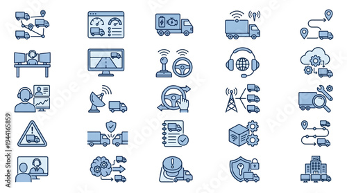 Fleet Management Icons Set for Remote Trucking Telematics Autonomous Vehicle Technology Logistics Operations Dispatch Support Dashboard Monitoring Supply Chain Automation Digital Transportation System