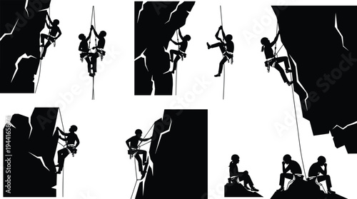 Rock Climbing Silhouette Set with Mountaineers Rappelling and Scaling Steep Cliffs for Outdoor Adventure Extreme Sports and Alpinism Vector Graphic Illustration Background