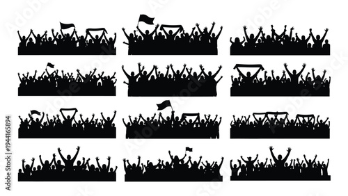 A collection of nine black and white grass silhouettes with various objects scattered throughout the blades of grass on a plain white background