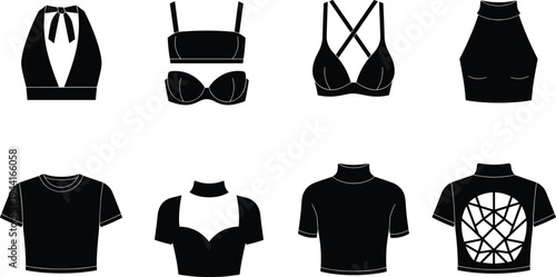 Set of black female crop top vector illustrations featuring halter neck, t-shirt, turtleneck, and cutout back designs for fashion design tech pack templates