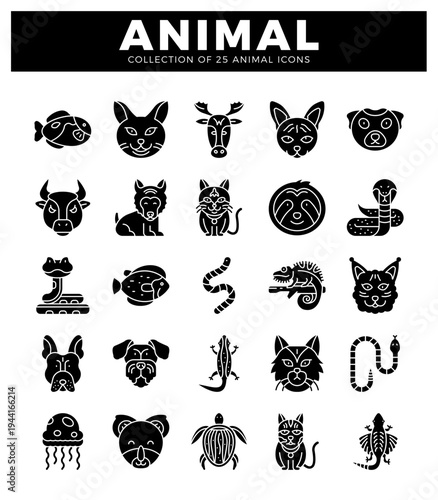 animal icons in a clean. modern flat design style with black silhouettes on a white background. suitable for graphic design and web use