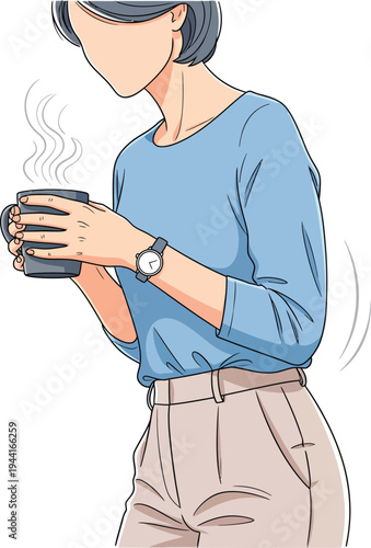 Woman Holding a Steaming Coffee Mug with Watch.