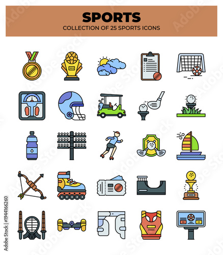 Collection of 25 Sports Icons. A Vibrant Set of Sport Equipment and Game Graphics