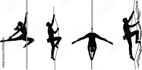Silhouette Vector Set of People Climbing Ropes and Playing Pole Fitness Sports Isolated on White Background for Athletic Training and Extreme Adventure Concepts