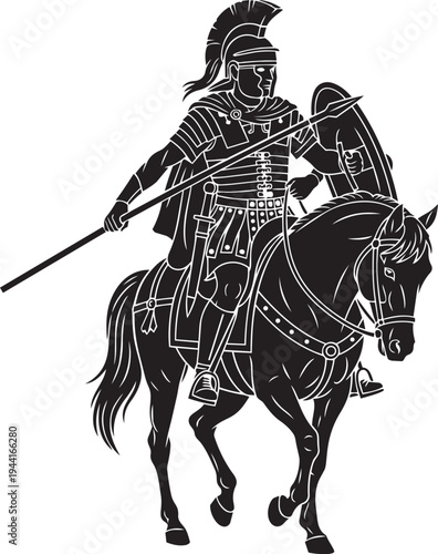 Depiction of an armored ancient warrior on horseback, wielding a spear and shield, symbolizing historical military power and readiness for battle in a classic illustration