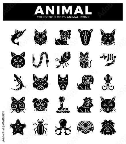 animal icons in a white background setting.  Vector art of various animals including pets. sea creatures. insects and reptiles.