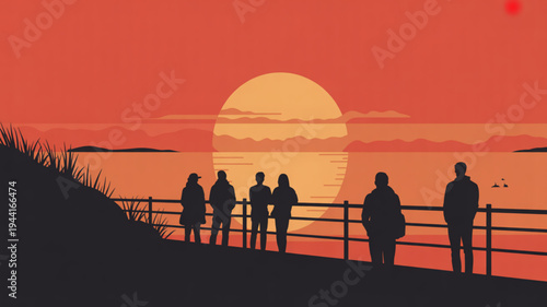 Group of people watching sunset over serene water landscape with fence and hills