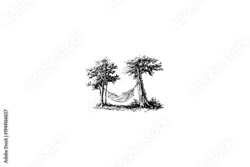 hamak Camping Gear Illustration, Rustic Outdoor Heritage Vector, Hand Drawn Engraving Style, Retro Americana Aesthetic, Black and White Linocut Graphic for Branding and Apparel Design