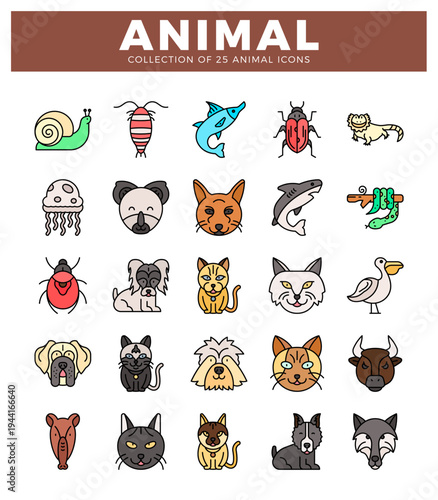 flat cartoon animal icons on white background. snail. fish. beetle. lion. jellyfish. panda. fox. shark. snake. bug. dog. cat. pelican. bull. wolf