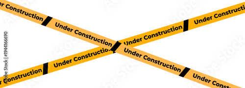 Under construction sign with yellow warning tape safety stripe. Caution barrier stripe for safety zone, blocked area, website page, road work, site maintenance, redesign progress. Vector illustration.