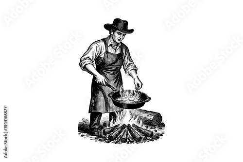 Cowboy man cooking Vintage Camping  Illustration, Rustic Outdoor Heritage Vector, Engraving Style, Retro Americana Aesthetic, Black and White Linocut Graphic for Branding and Apparel Design