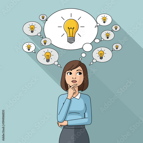 Woman thinking with many light bulb ideas appearing above her head.