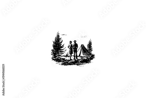 Camping couple Illustration, Rustic Outdoor Heritage Vector, Hand Drawn Engraving Style, Retro Americana Aesthetic, Black and White Linocut Graphic for Branding and Apparel Design