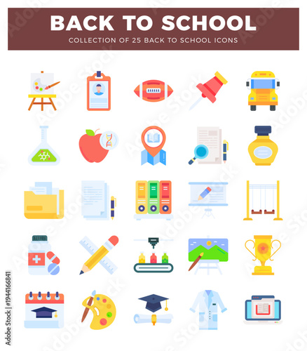 Back to school flat icons in a grid on white background.