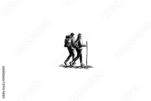 Couple hiking Vintage Camping Illustration, Rustic Outdoor Heritage Vector, Hand Drawn Engraving Style, Retro Americana Aesthetic, Black and White Linocut Graphic for Branding and Apparel Design