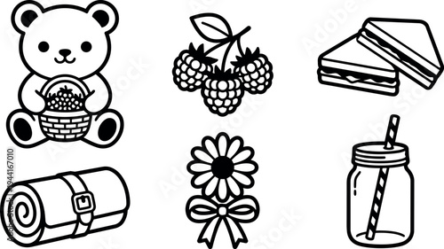 Black and white vector line art set of teddy bear basket flowers sandwich rolled blanket and drinking jar with straw
