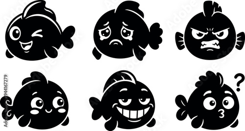 Cute cartoon fish characters showing different facial expressions in black silhouette vector art set isolated on white background