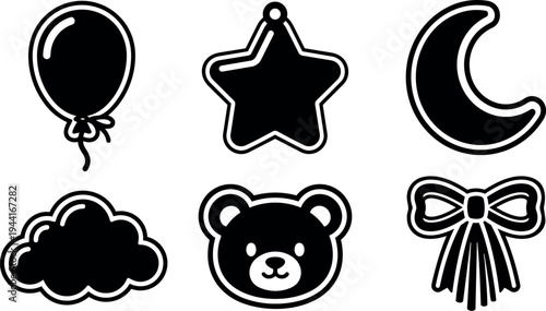Simple black and white vector icons set including balloon star moon cloud bear and decorative bow in minimal style