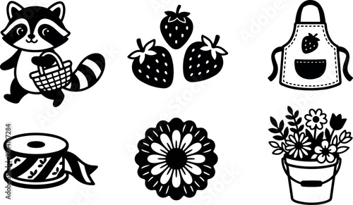 Cute raccoon holding woven basket with strawberries apron ribbon floral bucket vector art collection