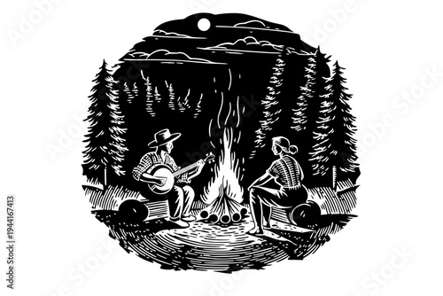 banjo man and woman at night campfire Vintage Camping Illustration, Rustic Outdoor Heritage Vector, Retro Americana Aesthetic, Black and White Linocut Graphic for Branding and Apparel Design