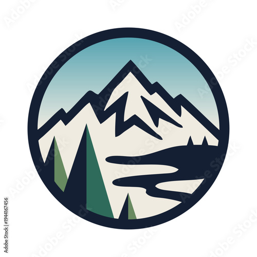 Logo agencia de viajes. Vacaciones de invierno. Dibujo sencillo de un paisaje con montaña con nieve, árboles y un fondo de cielo en círculo 
