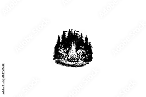 Vintage vector sketch of friends camping at night in the forest. Engraving style digital illustration of people sitting near a campfire and playing banjo.