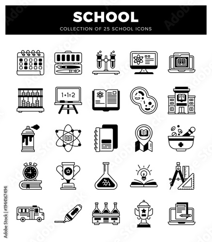 Collection of school icons showing educational and learning elements.