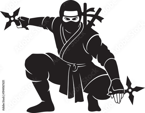 Dynamic concept illustration of a stealthy ninja warrior in action, poised with throwing stars, embodying ancient martial arts discipline and agility