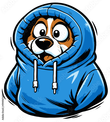 A relatable and humorous meme situation showing a dog trapped inside a hoodie. The exaggerated confusion and simple composition make it perfect for sticker designs
