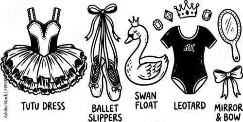 Black and white hand drawn ballet tutu dress leotard swan float slippers mirror and bow vector art set