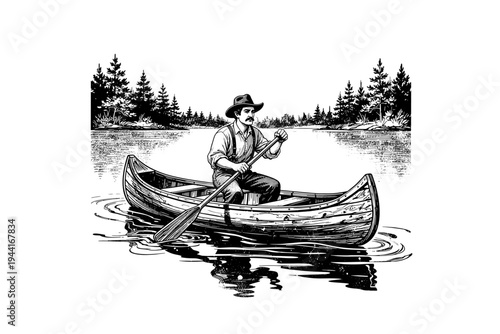 man in canoe in lake, Vintage Camping Illustration, Rustic Outdoor Heritage Vector, Engraving Style, Retro Americana Aesthetic, Black and White Linocut Graphic for Branding and Apparel Design