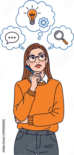 Young woman in glasses thinking with thought bubbles above her head.
