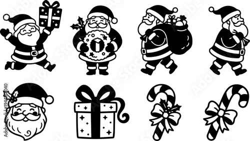 Black and white vector art of jolly santa claus with gifts wreath and candy cane icons for christmas holiday decoration design