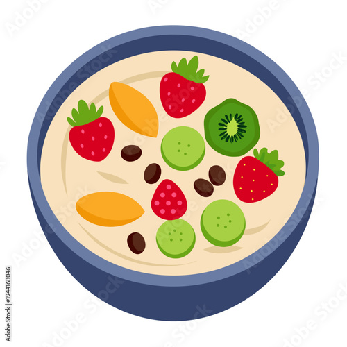 Delicious Oatmeal With Fresh Fruit Toppings on white background