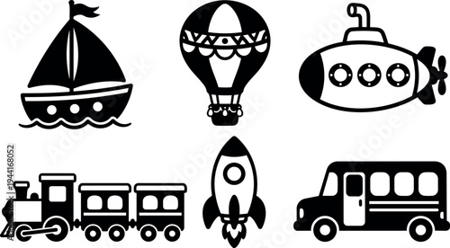Black silhouette icons of sailboat hot air balloon submarine train rocket and school bus isolated on white background