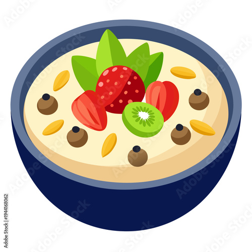 Delicious Oatmeal With Fresh Fruit Toppings on white background