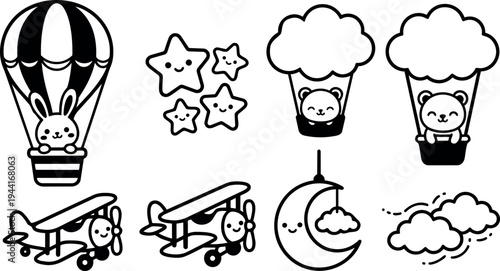 Cute kawaii biplane and hot air balloons with bunny and bear characters floating among smiling stars and moon vector line art
