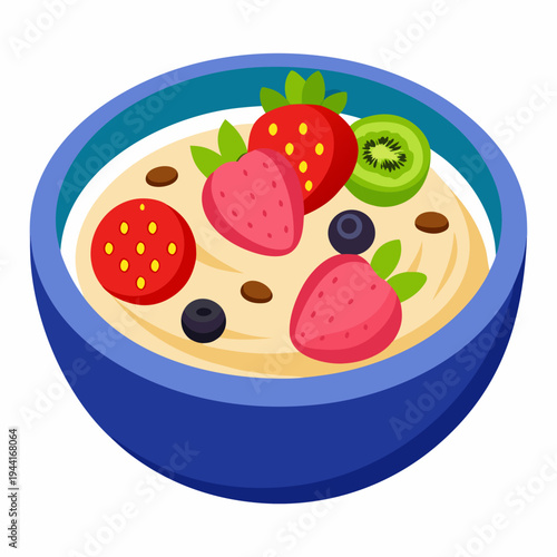 Delicious Oatmeal With Fresh Fruit Toppings on white background