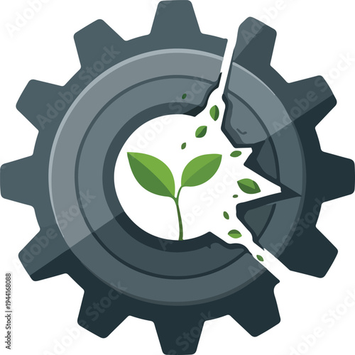 Broken gear with green sprout growing through symbolizing environmental damage and new life emerging renewal hope for nature