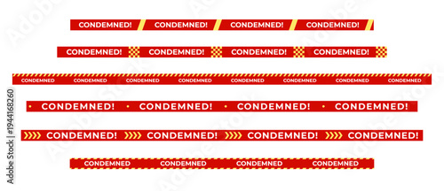 Condemned warning tape set, red yellow barrier strips with CONDEMNED text for demolition, quarantine, restricted zones. Condemned tapes and signs for safety design. Vector illustration.