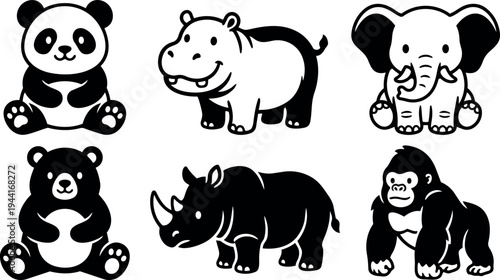 Flat design cute sitting panda and bear standing smiling hippo and rhino with cartoon baby elephant and gorilla vector art icons black and white set